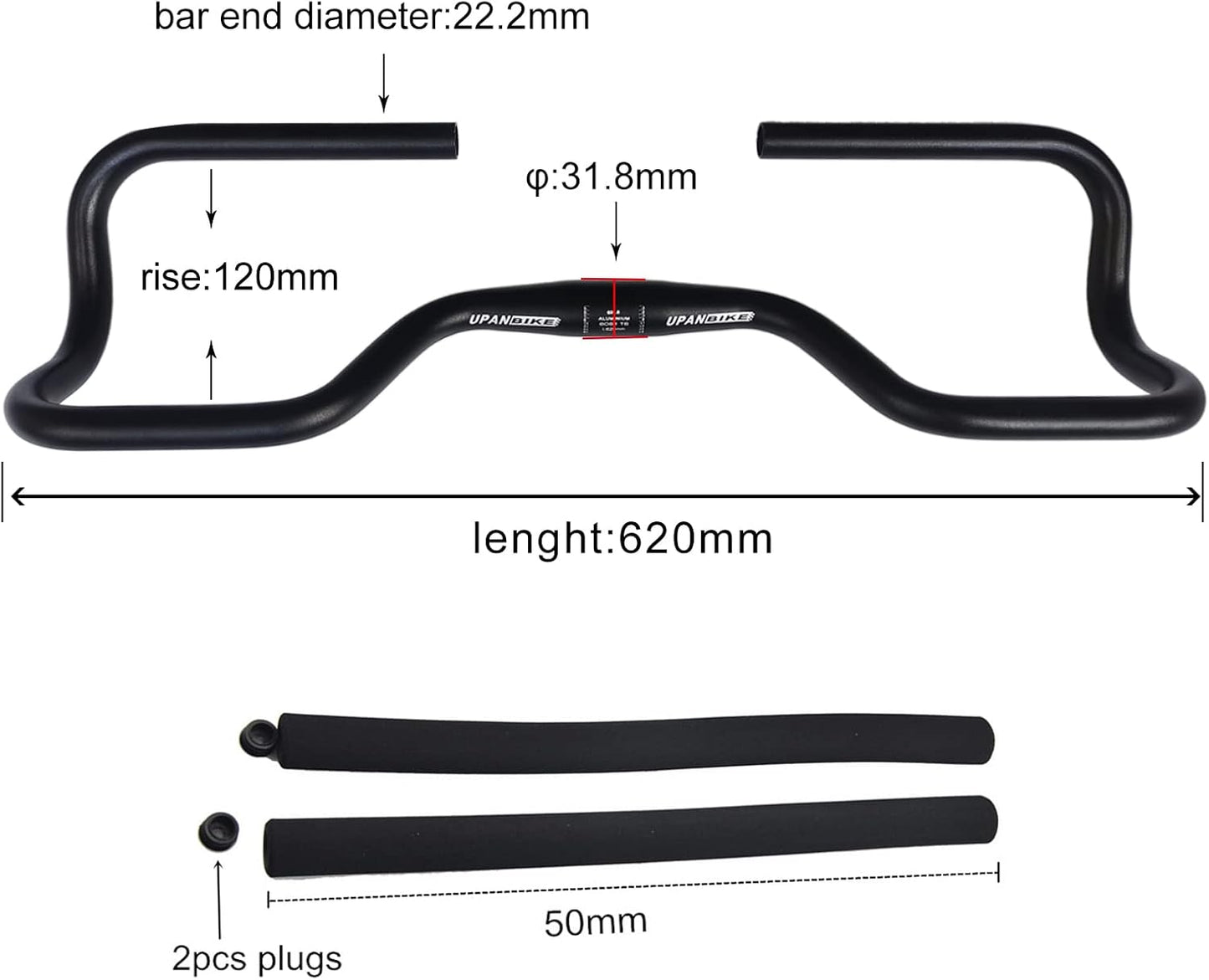 B194 Trekking Bike Handlebar, Long Ride Rest Bar, Uprise, 31.8mm, with Sponge Grips