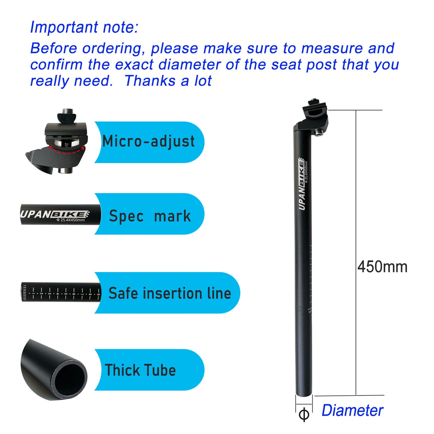 B128 Extra Long Bicycle Seatpost (Length 450mm)